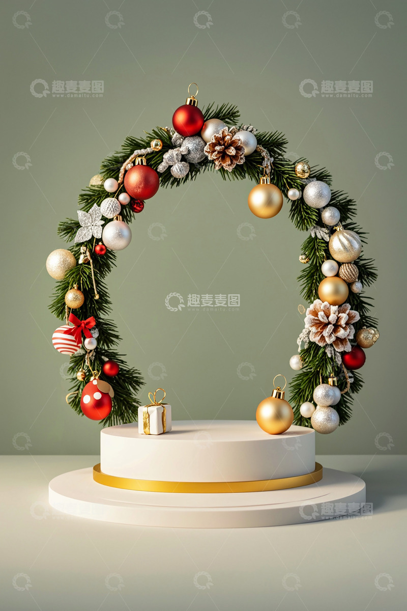 高清大图下载【趣麦麦图】圣诞节展示台花环简约大气背景绿色