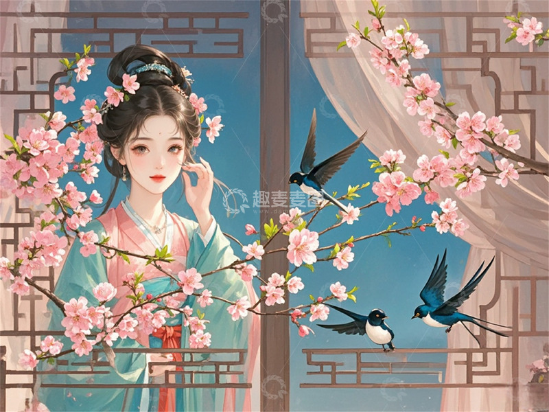 高清大图下载【趣麦麦图】中国风少女沉思燕子桃花图