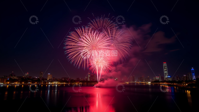 高清大图下载【趣麦麦图】河岸边的烟花