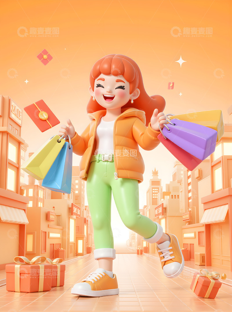 高清大图下载【趣麦麦图】橙色3D卡通开心购物女孩背景