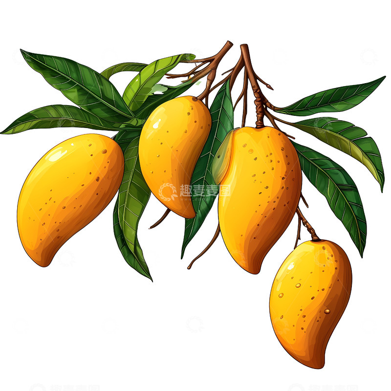 高清大图下载【趣麦麦图】带树叶的手绘芒果