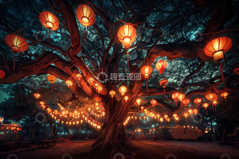 高清大图下载【趣麦麦图】红灯笼挂在大树上