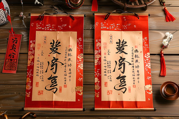 一副对联放在桌子上