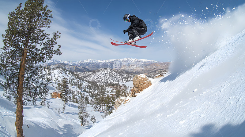 高清大图下载【趣麦麦图】滑雪者雪山腾跃冬季极限运动