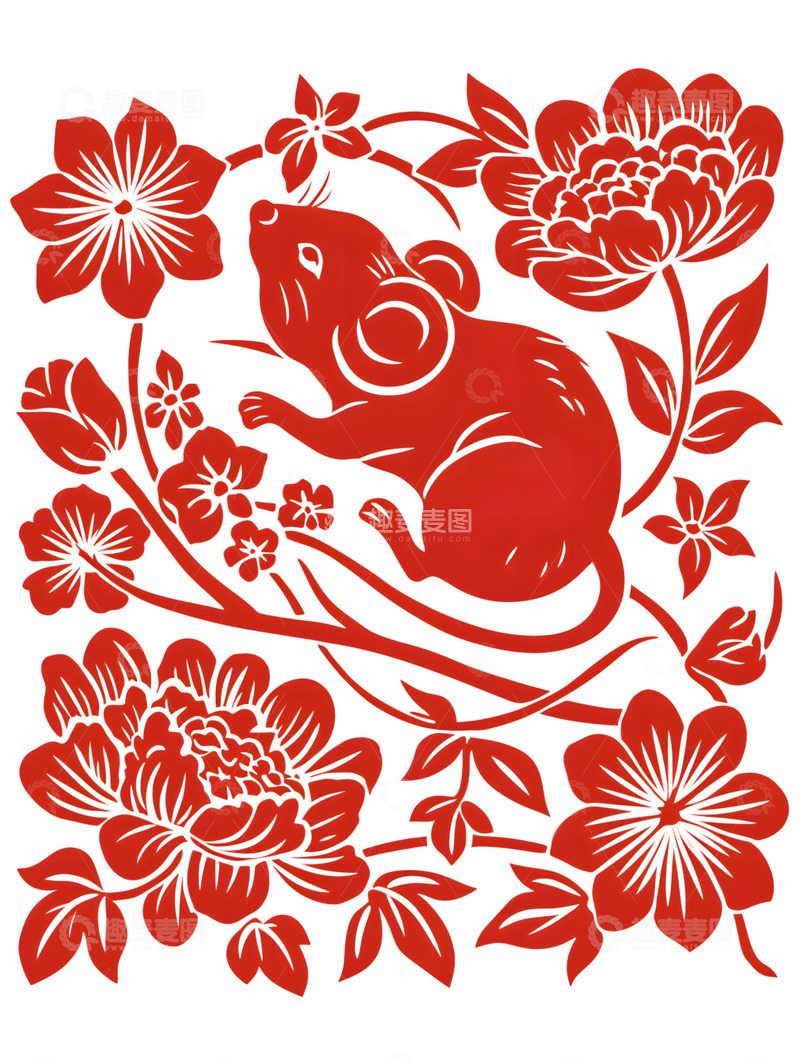 高清大图下载【趣麦麦图】剪纸风格老鼠与花朵