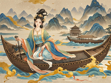 山海经背景女子撑船