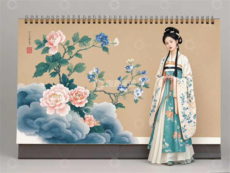 台历中国风牡丹女子图