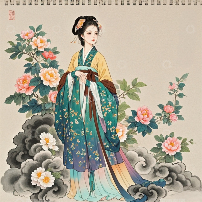 高清大图下载【趣麦麦图】中国风牡丹女子祥云水墨画