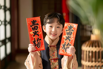 拿着对联的孩子