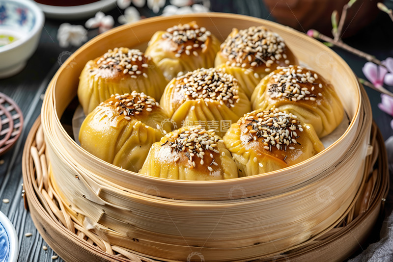 高清大图下载【趣麦麦图】蒸笼里的芝麻点心