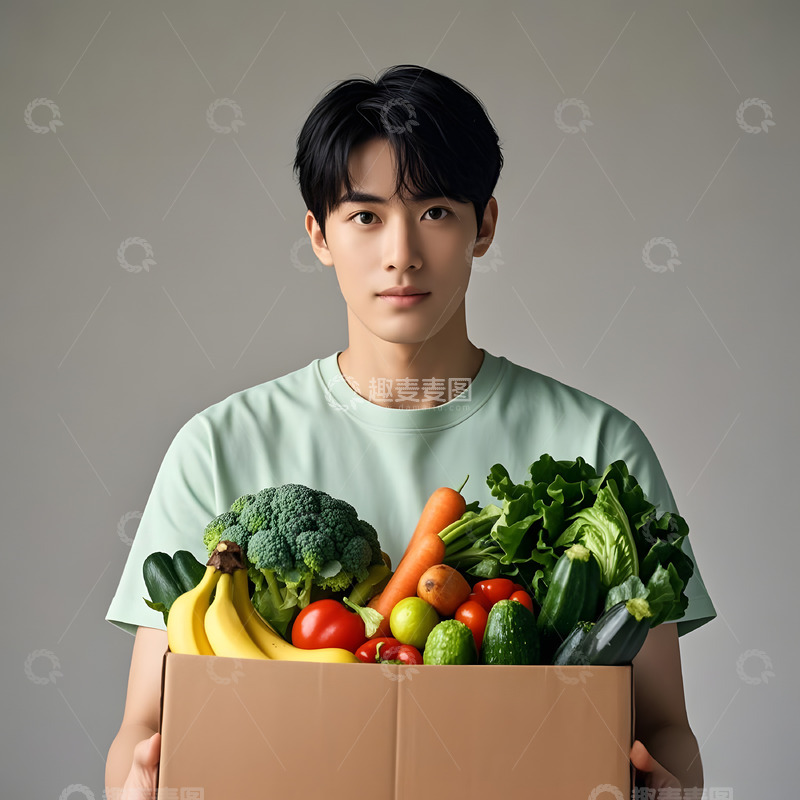 高清大图下载【趣麦麦图】抱着一箱蔬菜的男生摄影图