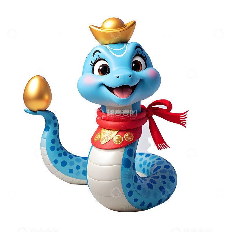高清大图下载【趣麦麦图】蓝蛇戴皇冠手持元宝插画蛇年吉祥