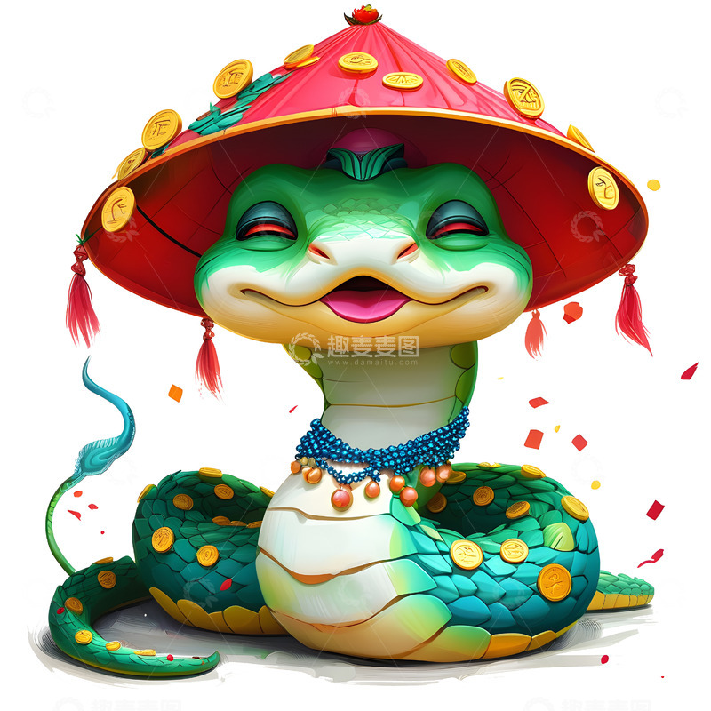 高清大图下载【趣麦麦图】蛇穿红帽戴福字挂件插画蛇年喜庆