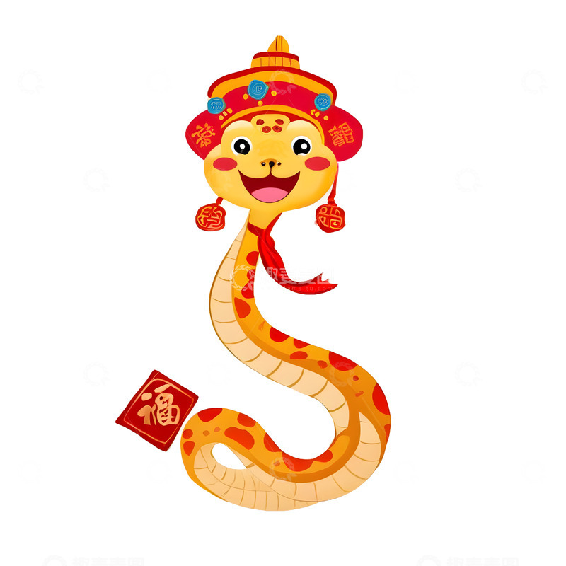 高清大图下载【趣麦麦图】喜庆蛇佩戴新年帽插画蛇年好运