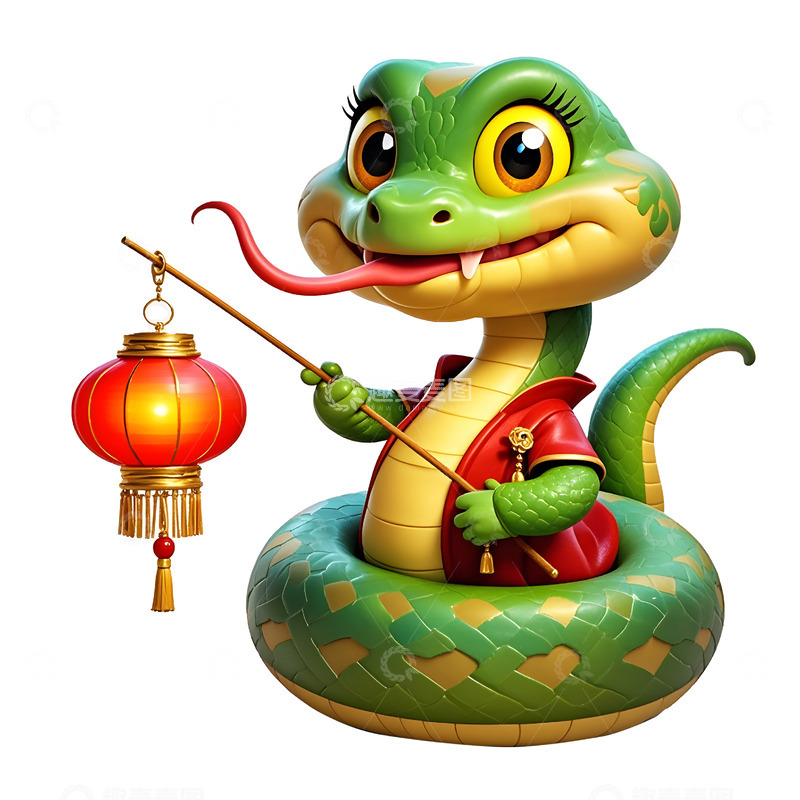 绿色蛇拿灯笼贺新年蛇年庆祝