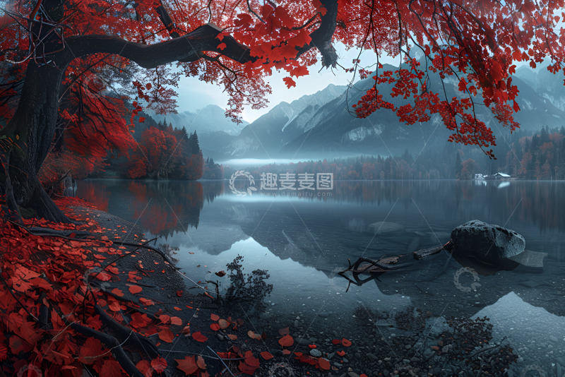 高清大图下载【趣麦麦图】秋天火红的枫树和湖面