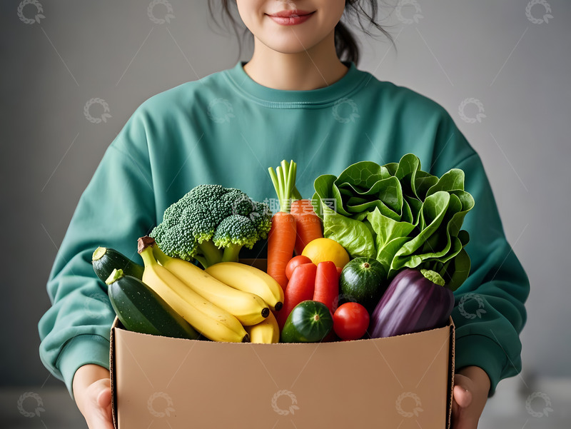 高清大图下载【趣麦麦图】一箱果蔬的女生摄影图