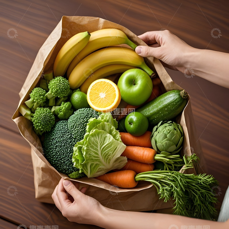高清大图下载【趣麦麦图】手拿一袋子的果蔬AI摄影图