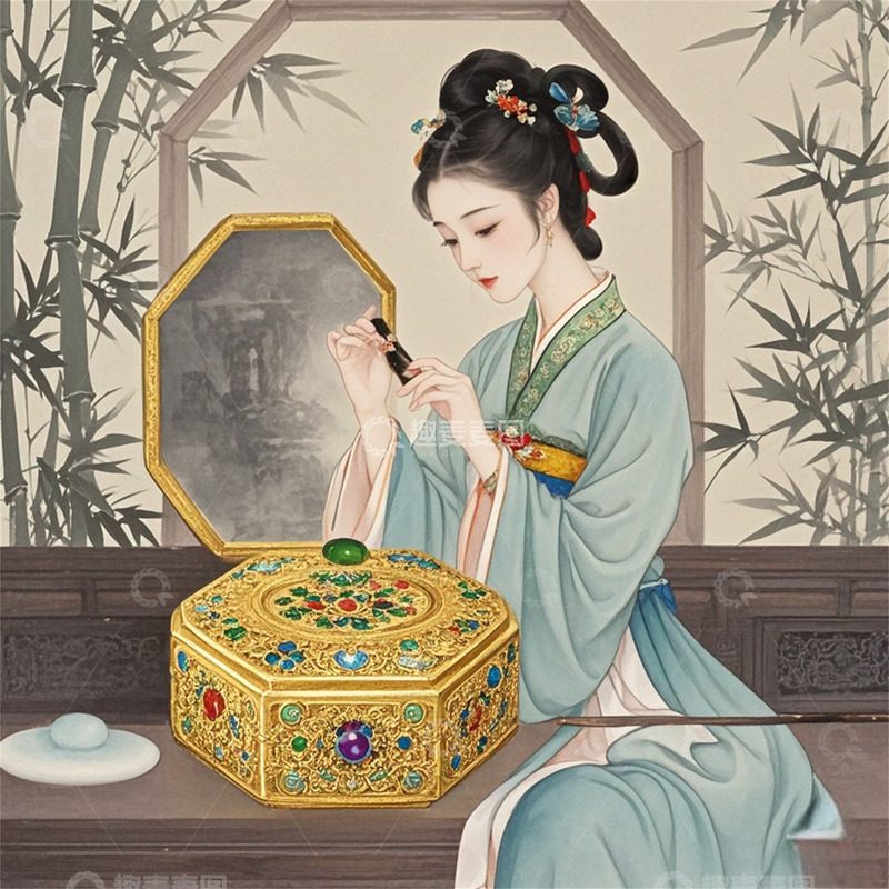 中国风竹子八宝盒梳妆女子