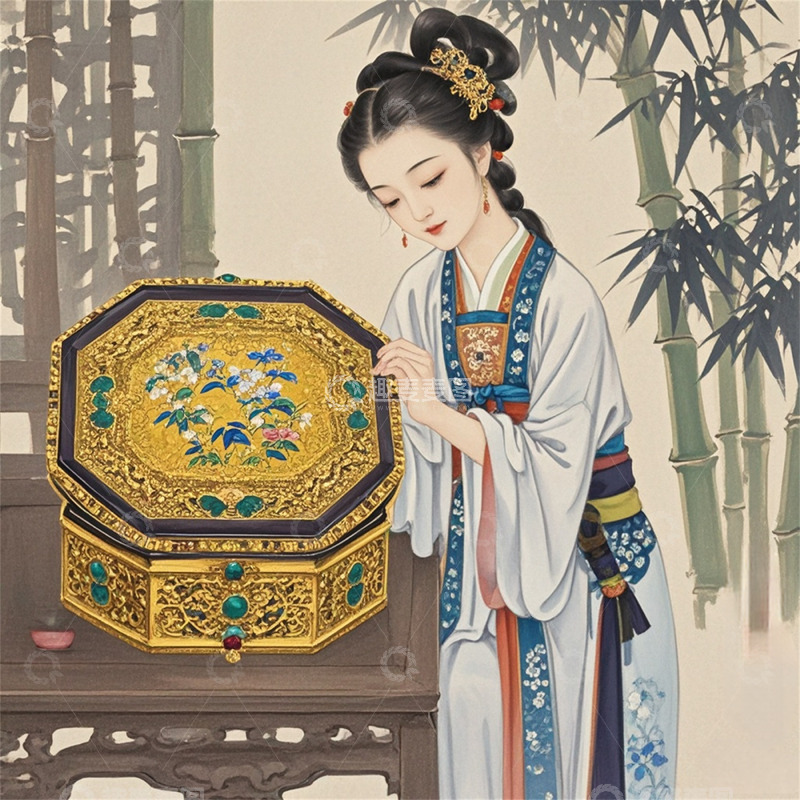 山水风格八宝盒彩妆女子
