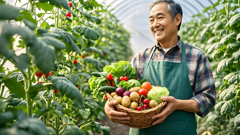 高清大图下载【趣麦麦图】手上抱着一筐蔬菜的老伯伯摄影图