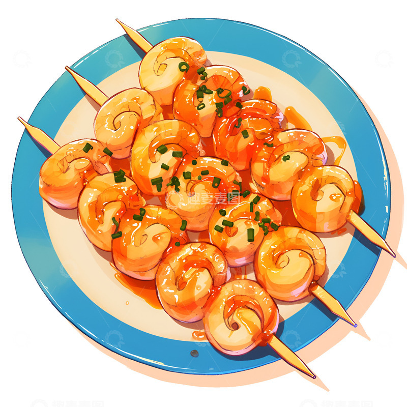 高清大图下载【趣麦麦图】卡通简约鱿鱼烧烤串