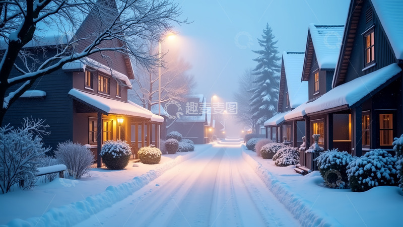 高清大图下载【趣麦麦图】灯下雪地村庄