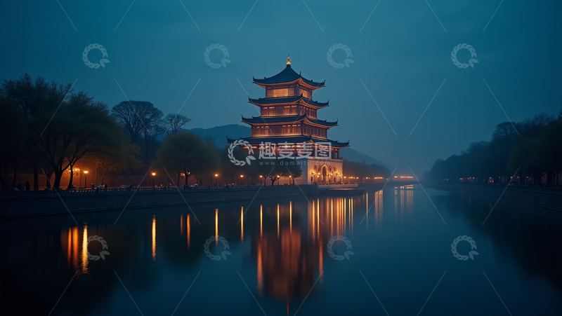 夜晚河畔边的古楼