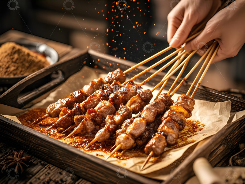 高清大图下载【趣麦麦图】撒料烤肉肉串烧烤摄影图