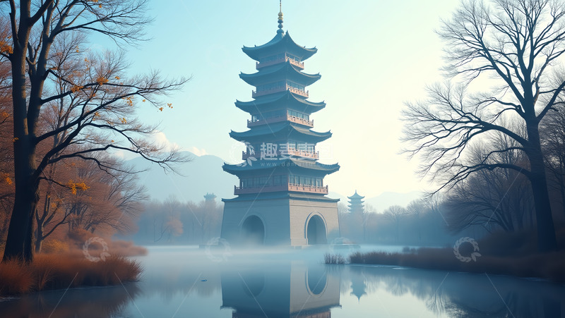 高清大图下载【趣麦麦图】晨曦雾气中古塔