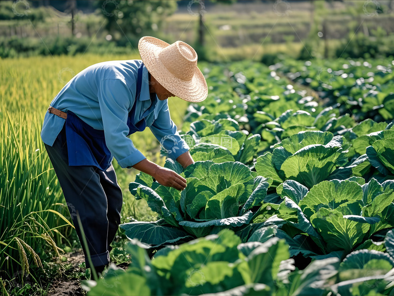 高清大图下载【趣麦麦图】农民正在种植检查白菜场景摄影图