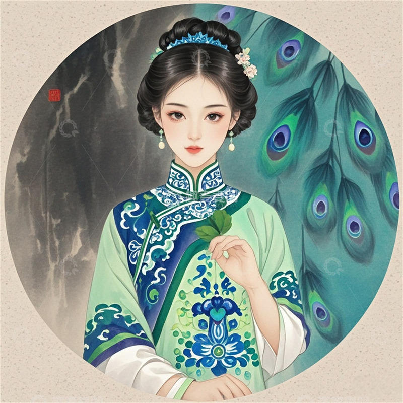 高清大图下载【趣麦麦图】孔雀绿古风美女