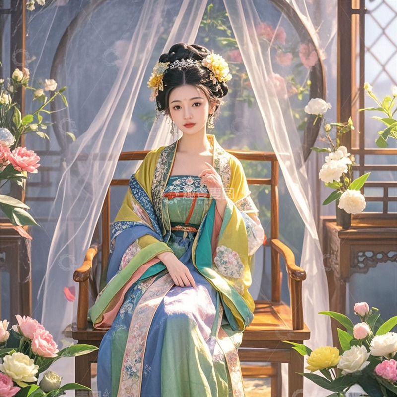 高清大图下载【趣麦麦图】古风美女坐在木椅上