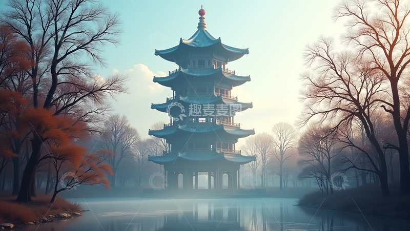 高清大图下载【趣麦麦图】金秋湖泊古塔