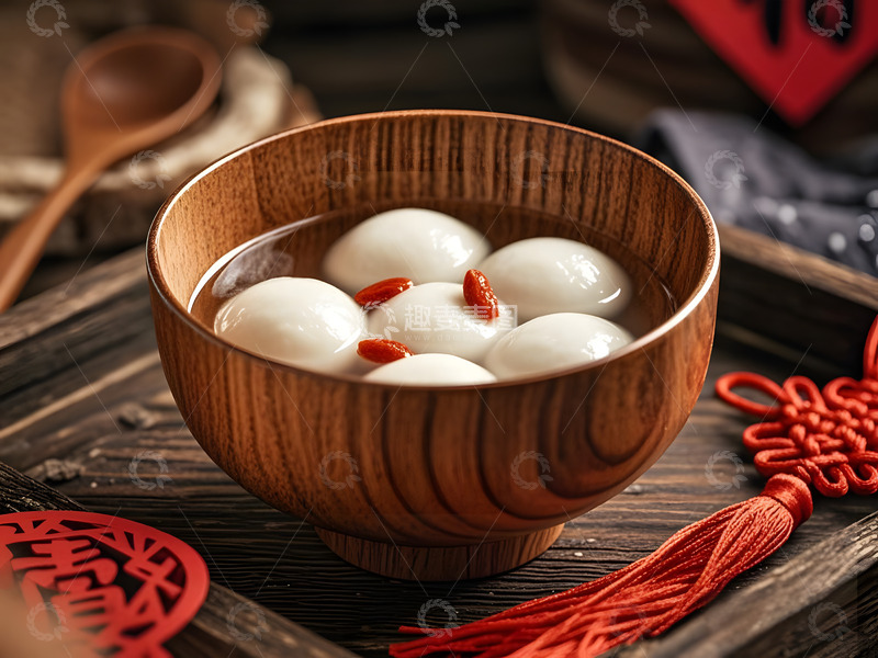 高清大图下载【趣麦麦图】一个装满汤圆的木碗摄影图