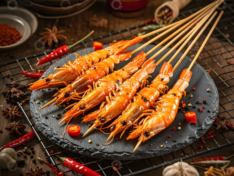 高清大图下载【趣麦麦图】烧烤烤大虾串美食摄影图