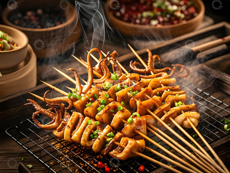 高清大图下载【趣麦麦图】烤鱿鱼串烧烤摄影图