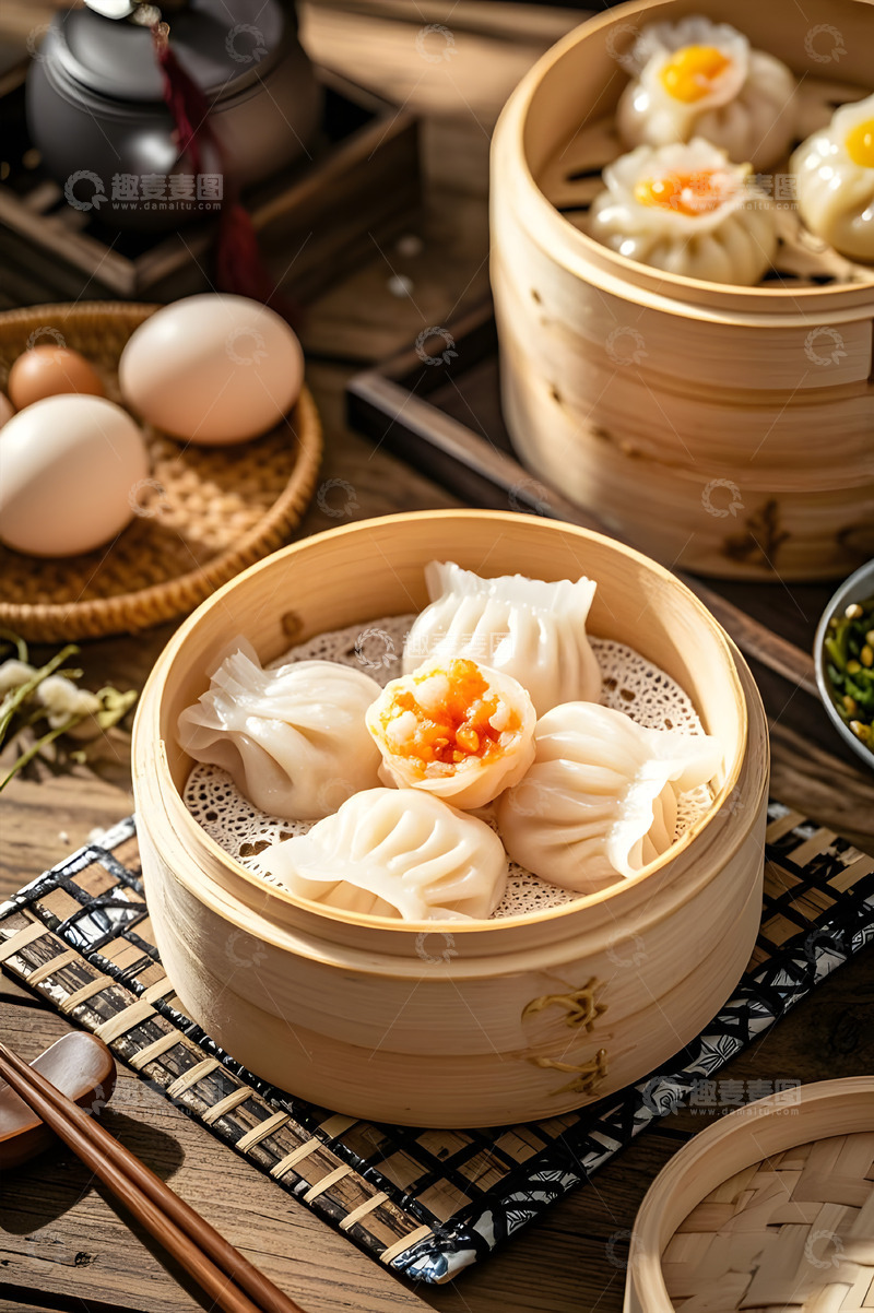 高清大图下载【趣麦麦图】一笼蒸虾饺广东美食摄影图