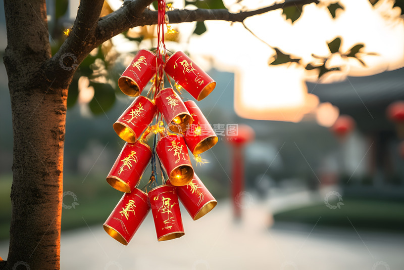 挂在树枝上的鞭炮