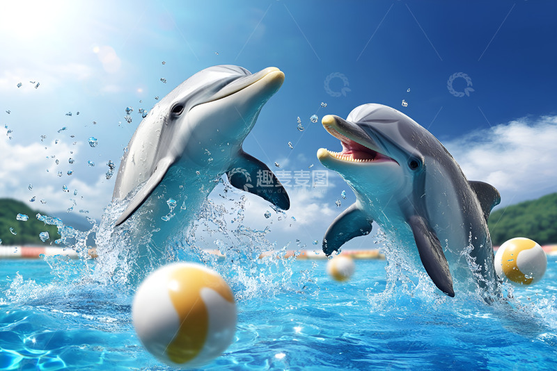 高清大图下载【趣麦麦图】两只游泳池里玩皮球的海豚
