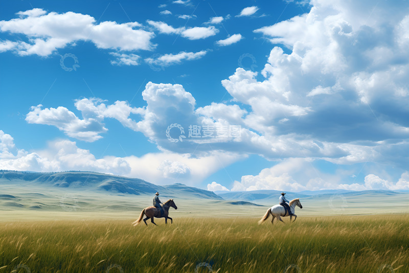 高清大图下载【趣麦麦图】草原上骑马奔跑的人