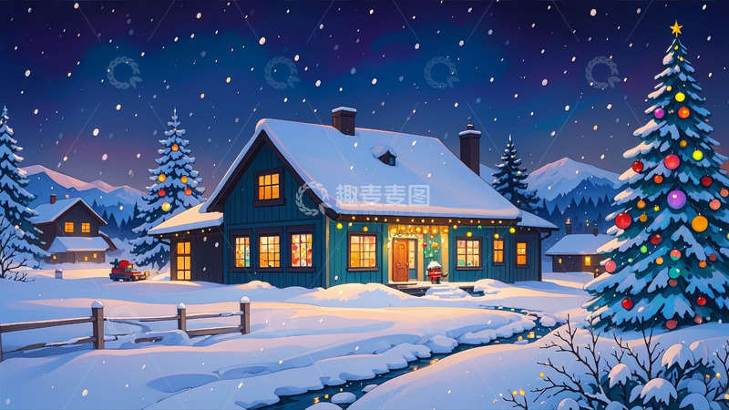 高清大图下载【趣麦麦图】圣诞树雪天的夜晚