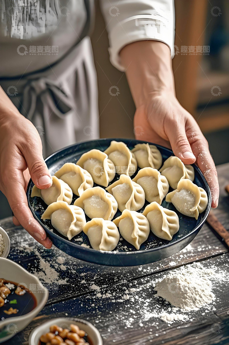 高清大图下载【趣麦麦图】端着一盘包好的饺子摄影图
