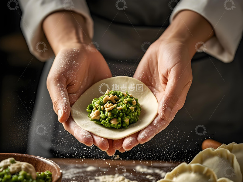 高清大图下载【趣麦麦图】制作饺子的场景展示饺子馅的厨师摄影图