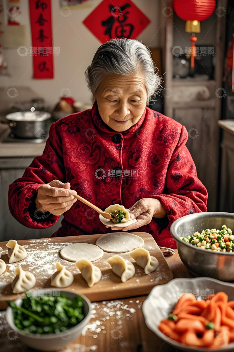 高清大图下载【趣麦麦图】包饺子的慈祥老奶奶摄影图