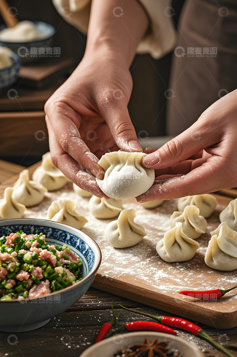 高清大图下载【趣麦麦图】正在包饺子的人物手部特写摄影图