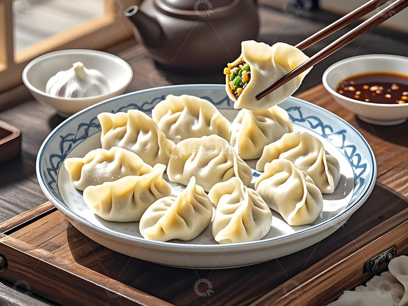 高清大图下载【趣麦麦图】厚涂风格的一盘饺子插画背景