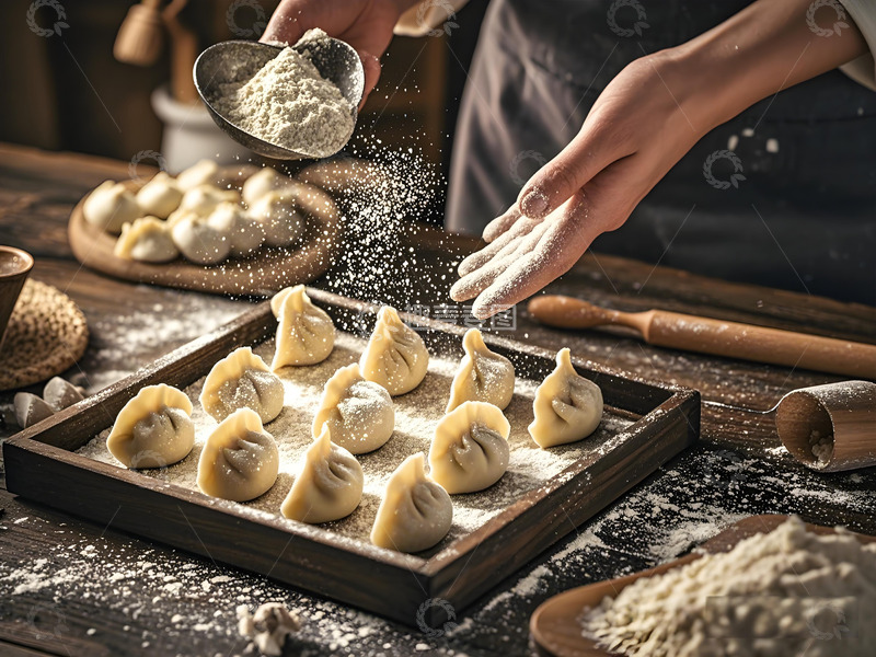 高清大图下载【趣麦麦图】往饺子上撒面粉的人物手部摄影图