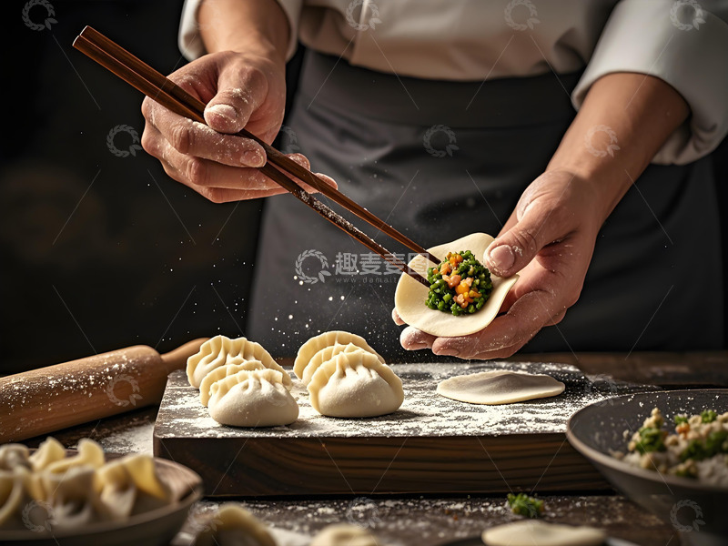 高清大图下载【趣麦麦图】正在放饺子馅的厨师制作饺子馅摄影图