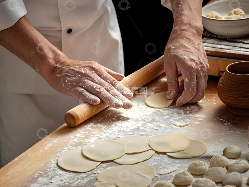 高清大图下载【趣麦麦图】正在擀饺子皮的厨师摄影图